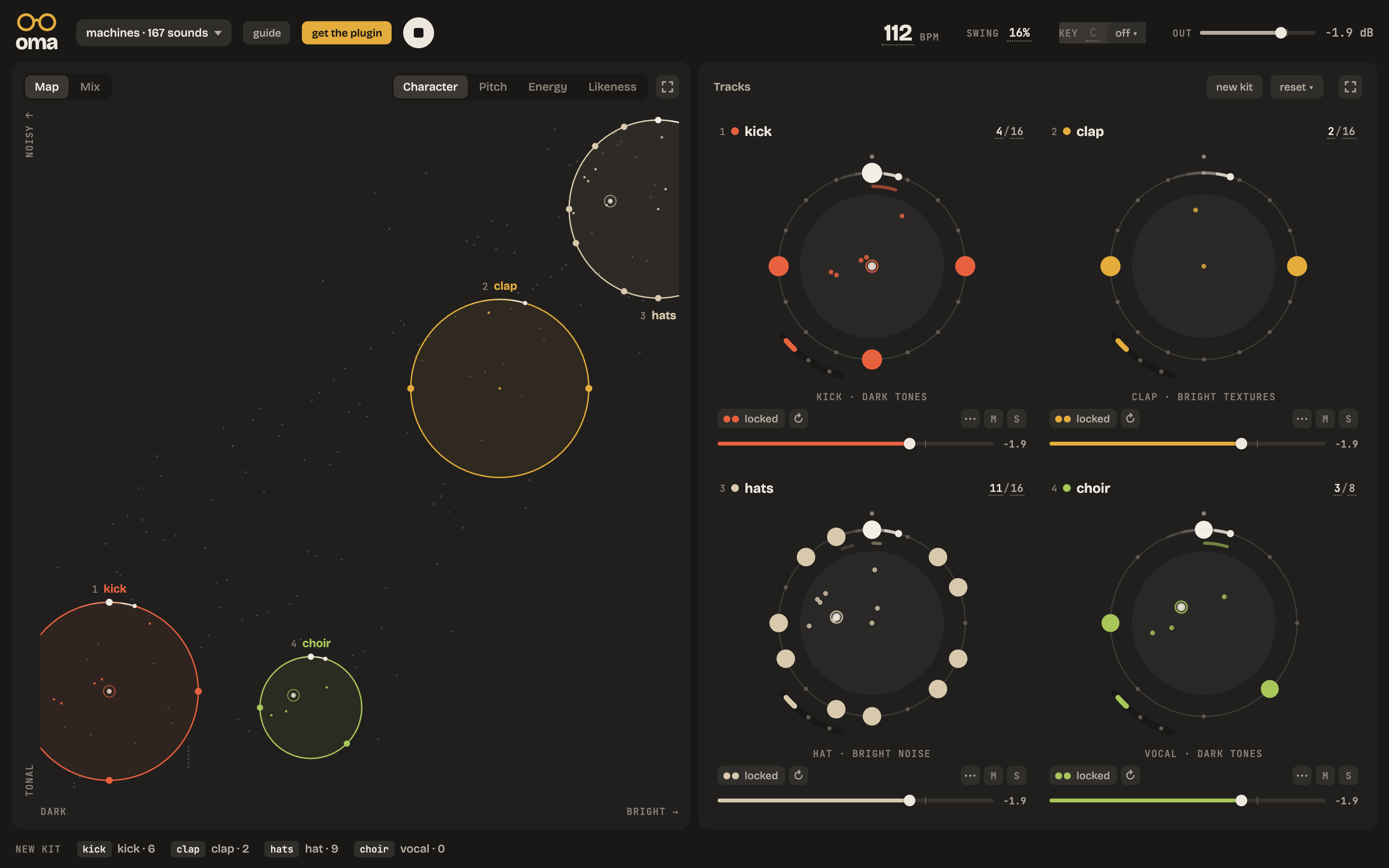 The Oma playground: a map of sounds with four coloured track circles on it, and the four tracks' rhythm rings beside it.